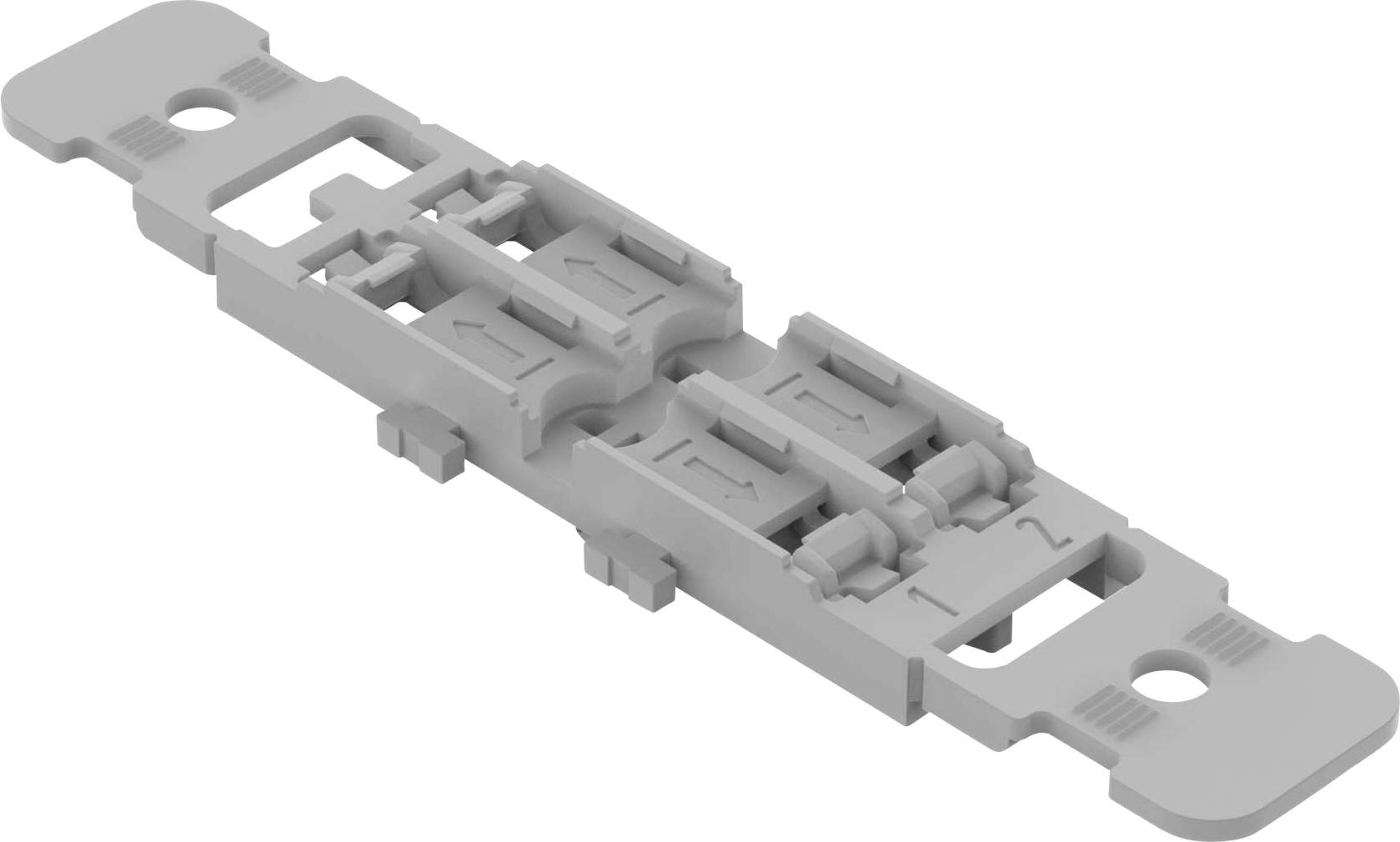 Grå plastdetalj som visar en mekanisk snabbkoppling eller adapter, med olika口口口 och fästen.