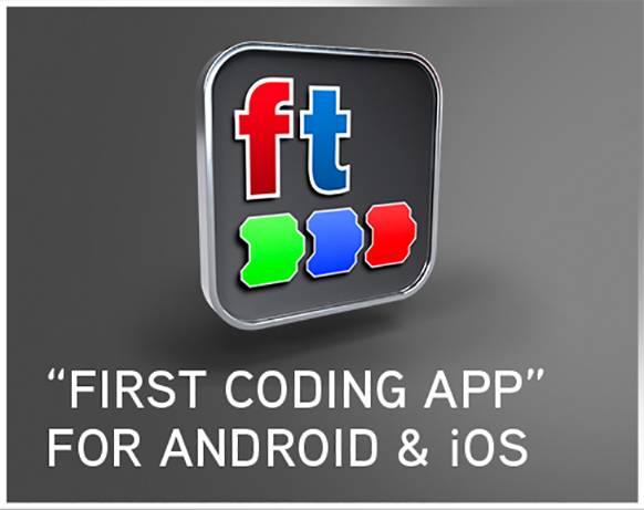 Logotyp för en app med bokstäverna 'ft' på grå bakgrund. Text under: 'First Coding App' för Android & iOS.