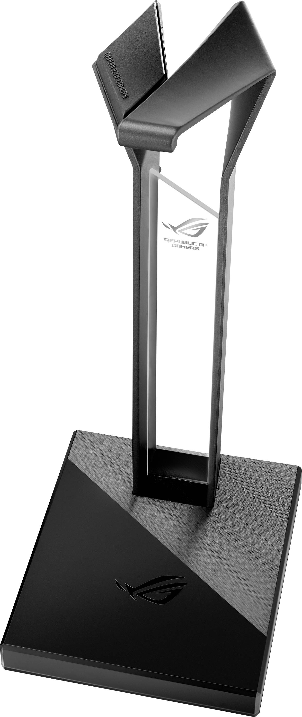 En modern, svart-silver pokal med Asus-logotyp på sockeln och en stiliserad triangulär form längst upp.