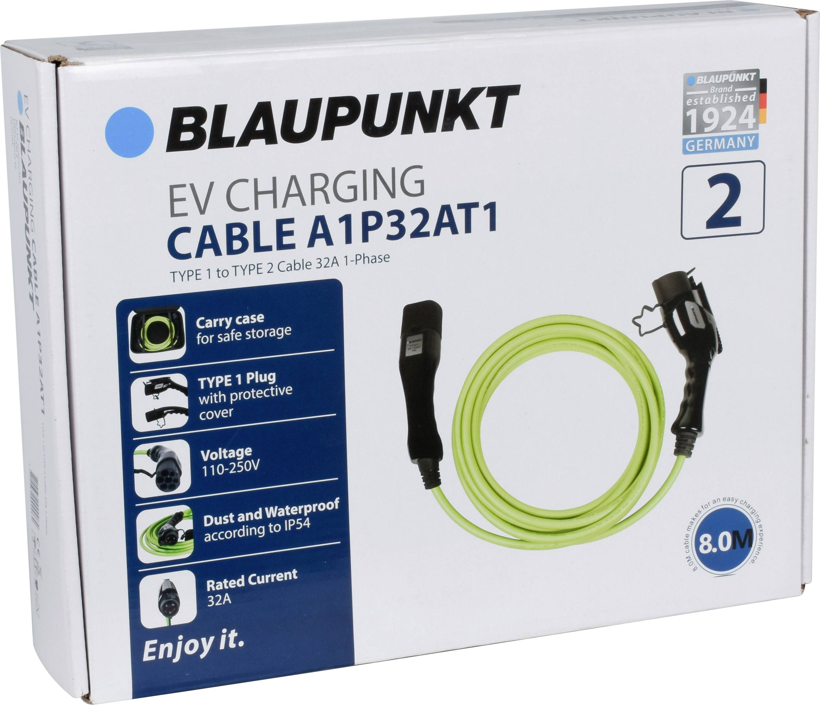 Blaupunkt EV-laddkabel A1P32AT1, Typ 1 till Typ 2, 32A, 1-fas, Kabel 8,0m. Bärväska, vädertålig IP54, Spänning 110-250V.
