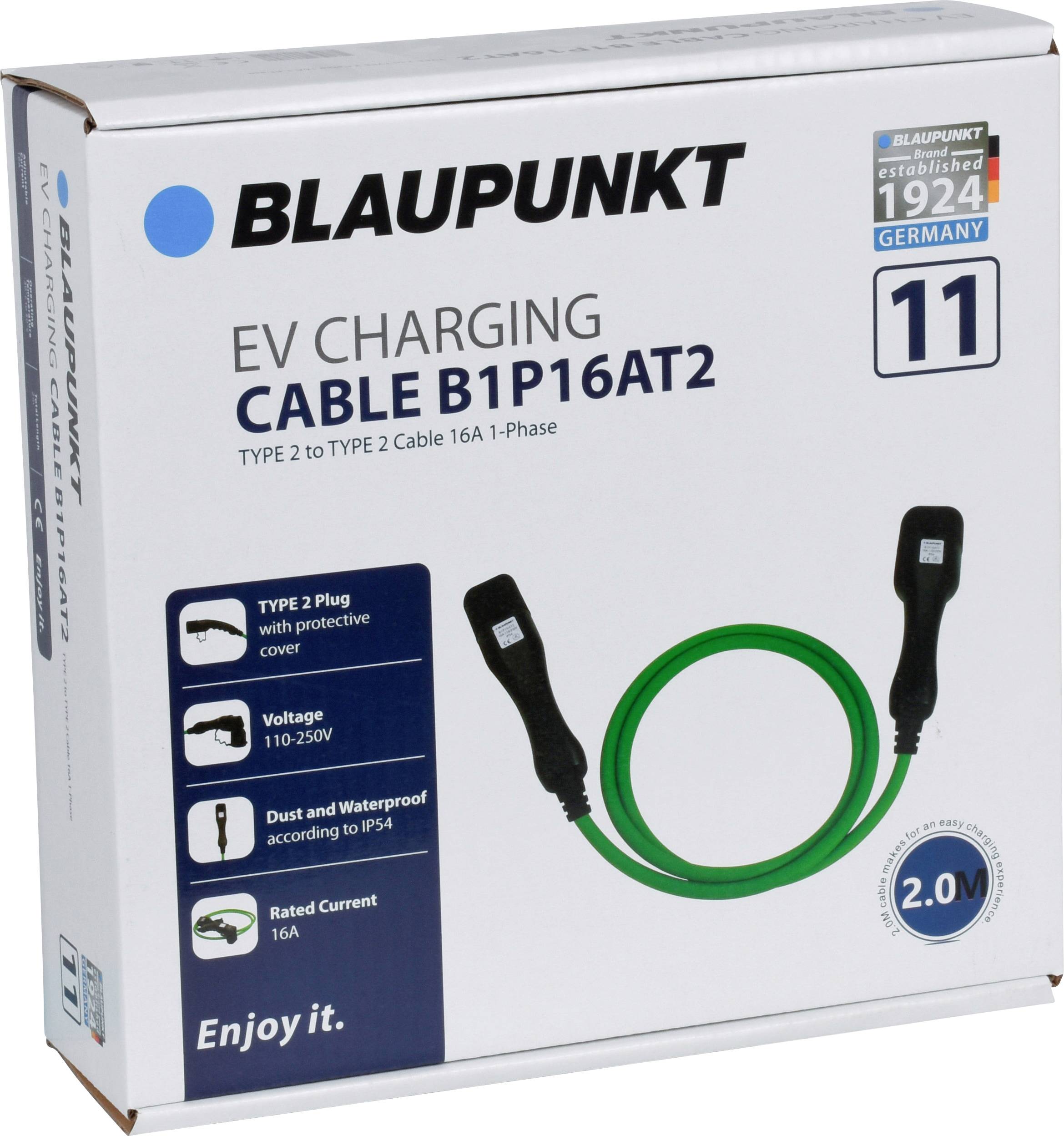 Laddkabel-förpackning från Blaupunkt för elfordon, modell B1P16AT2, kompatibel med Typ 2, 16A, 1-fas, inklusive skyddskåpor.