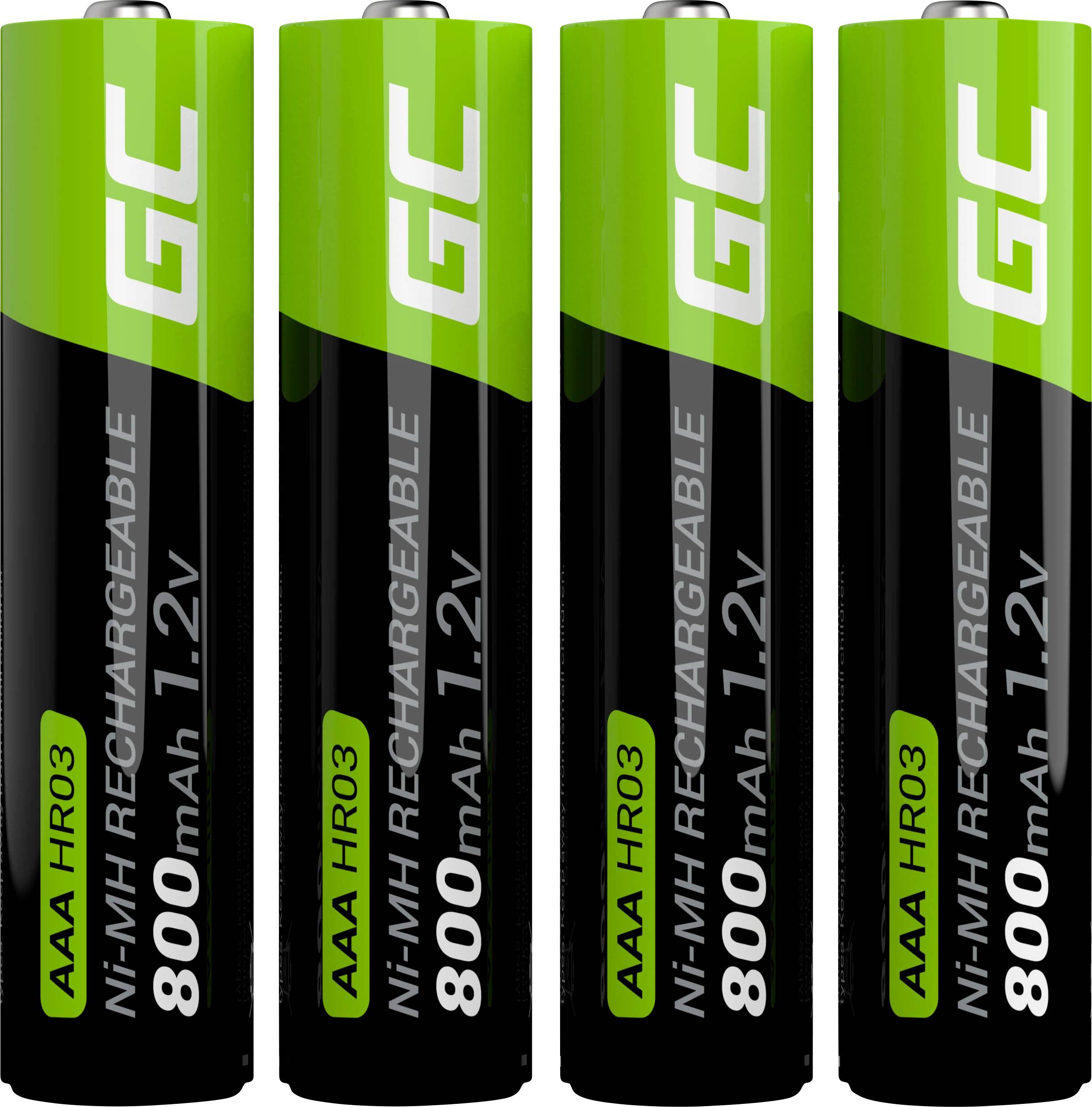 Fyra uppladdningsbara AAA-batterier av Ni-MH-typ, med 800 mAh och 1,2 V, placerade bredvid varandra.