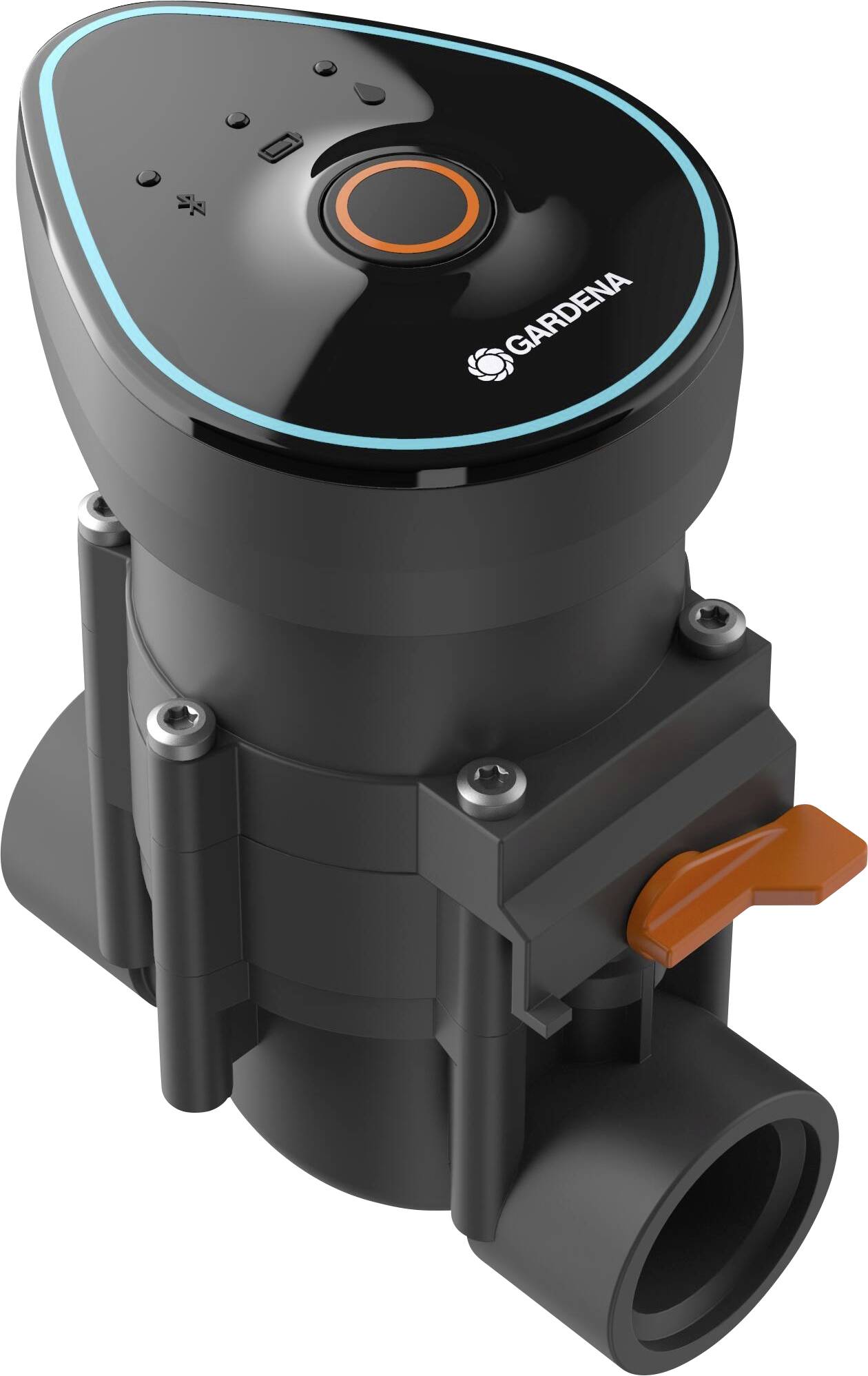 Gardena bevattningsventil med svart hölje och blå kant, visar en teknisk mekanism avsedd för trädgårdsbevattning.