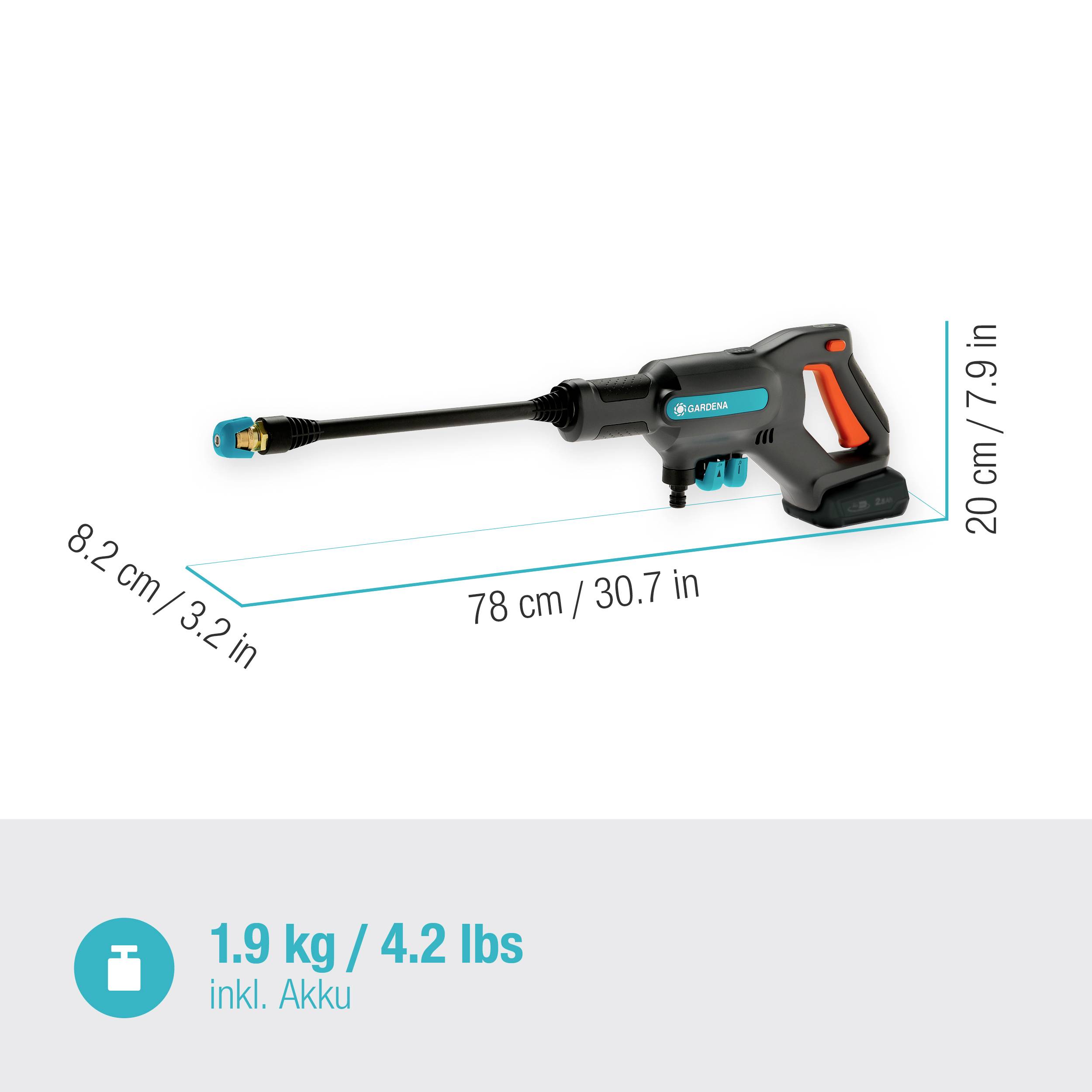 Batteridrivet trycktvättningsverktyg med blått och svart hölje, 78 cm långt, 20 cm högt. Vikt: 1,9 kg inklusive batteri.