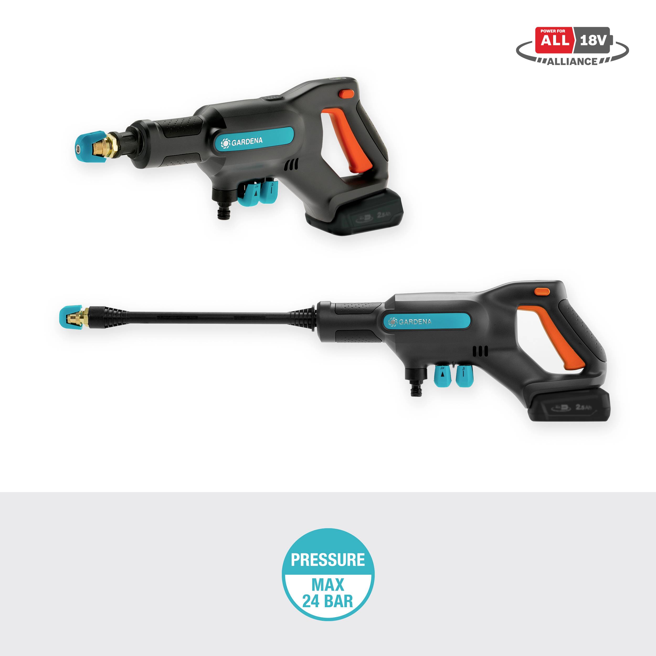 Två bärbara högtryckstvättar från märket Gardena, utrustade med ergonomiskt handtag. Text: 'Pressure Max 24 Bar', Symbol 'All 18V'.