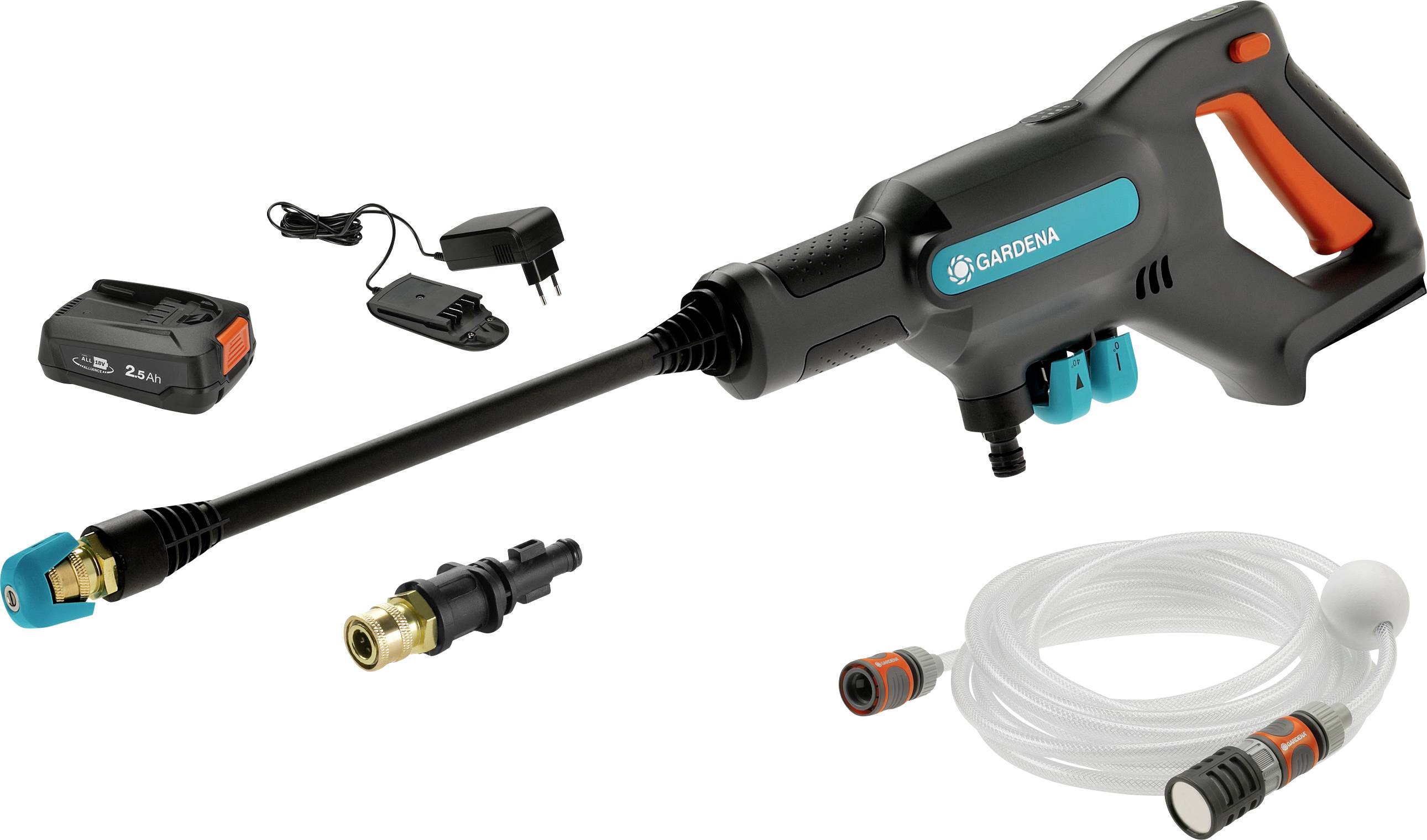 Gardenas batteridriven högtryckstvätt-set med sprutpistol, batteri, laddare, olika munstycken och slang för mobil rengöring.