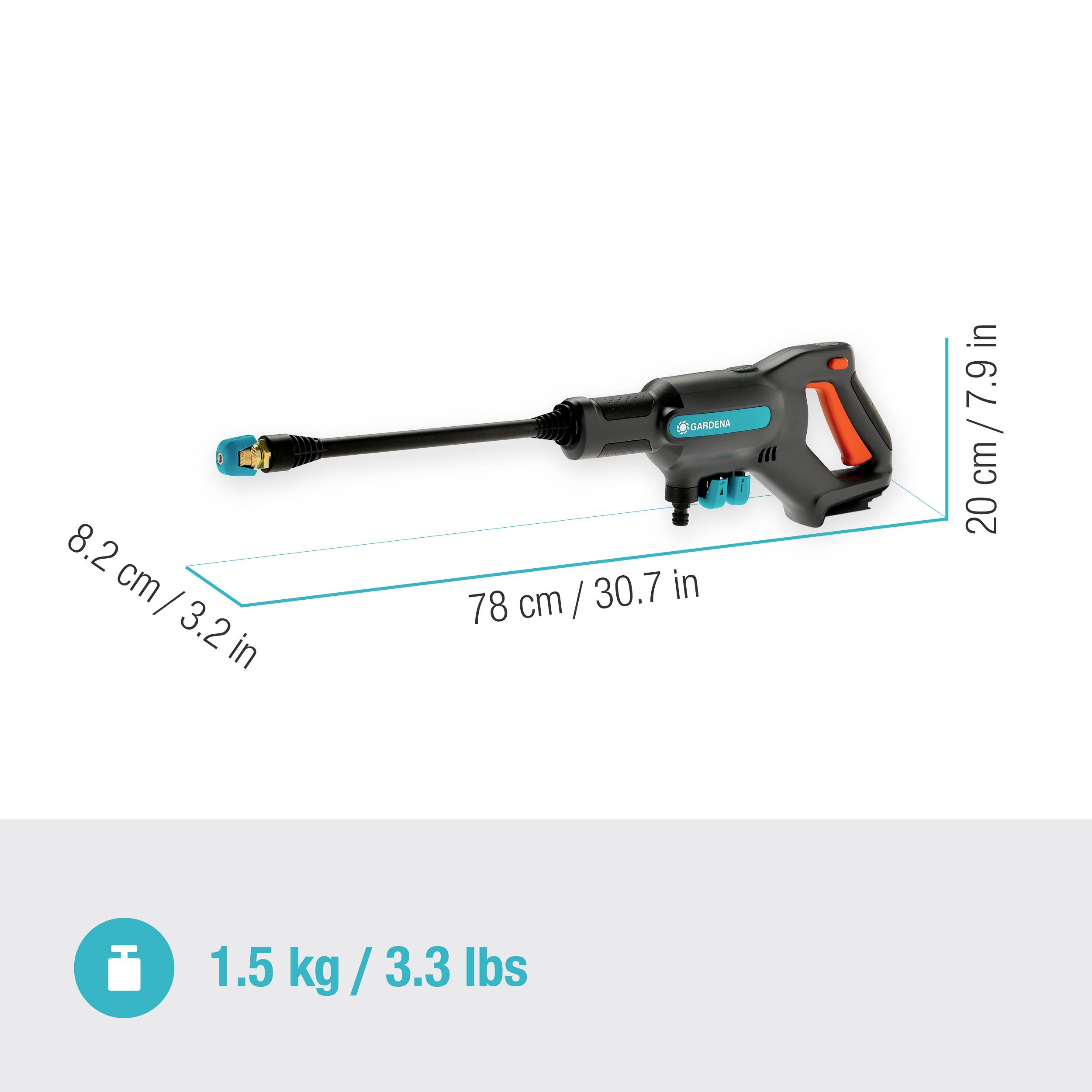 En portabel högtryckstvätt med måtten 78 cm längd, 3,2 cm bredd, 20 cm höjd och en vikt på 1,5 kg (3,3 lbs).
