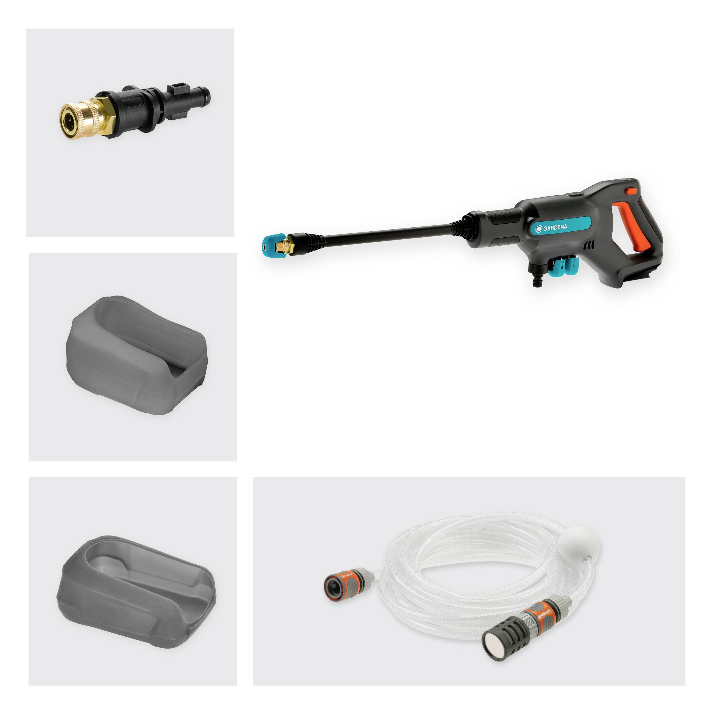 En bärbar högtryckstvätt med tillbehör: munstycke, adapter och två slangar. Lämplig för kompakta rengöringsarbeten.