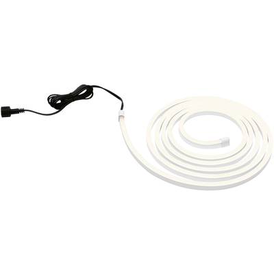 En lång, vit LED-ljusslinga, spiralformat, med en svart anslutningskabel i ena änden.