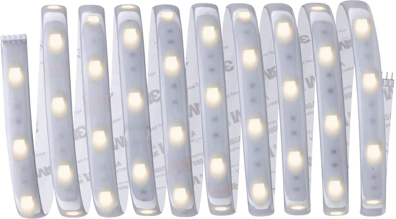 En flexibel LED-remsa lyser med varmt vitt ljus, jämnt fördelat, utrullad på en neutral bakgrund.