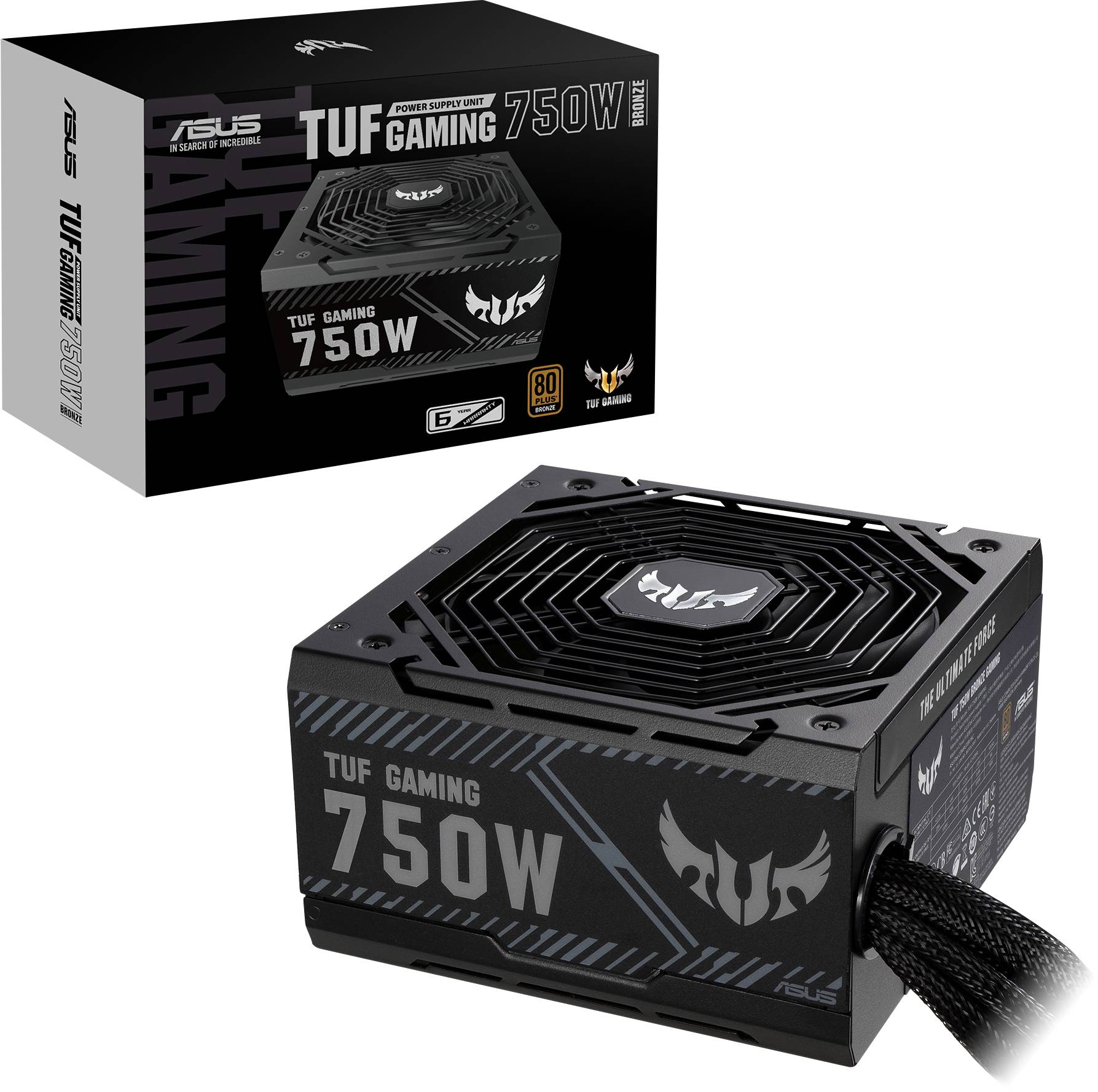 Bilden visar ett ASUS TUF Gaming nätaggregat med 750W effekt. Förpackningen visar samma modell med 80 PLUS Bronze-certifiering.