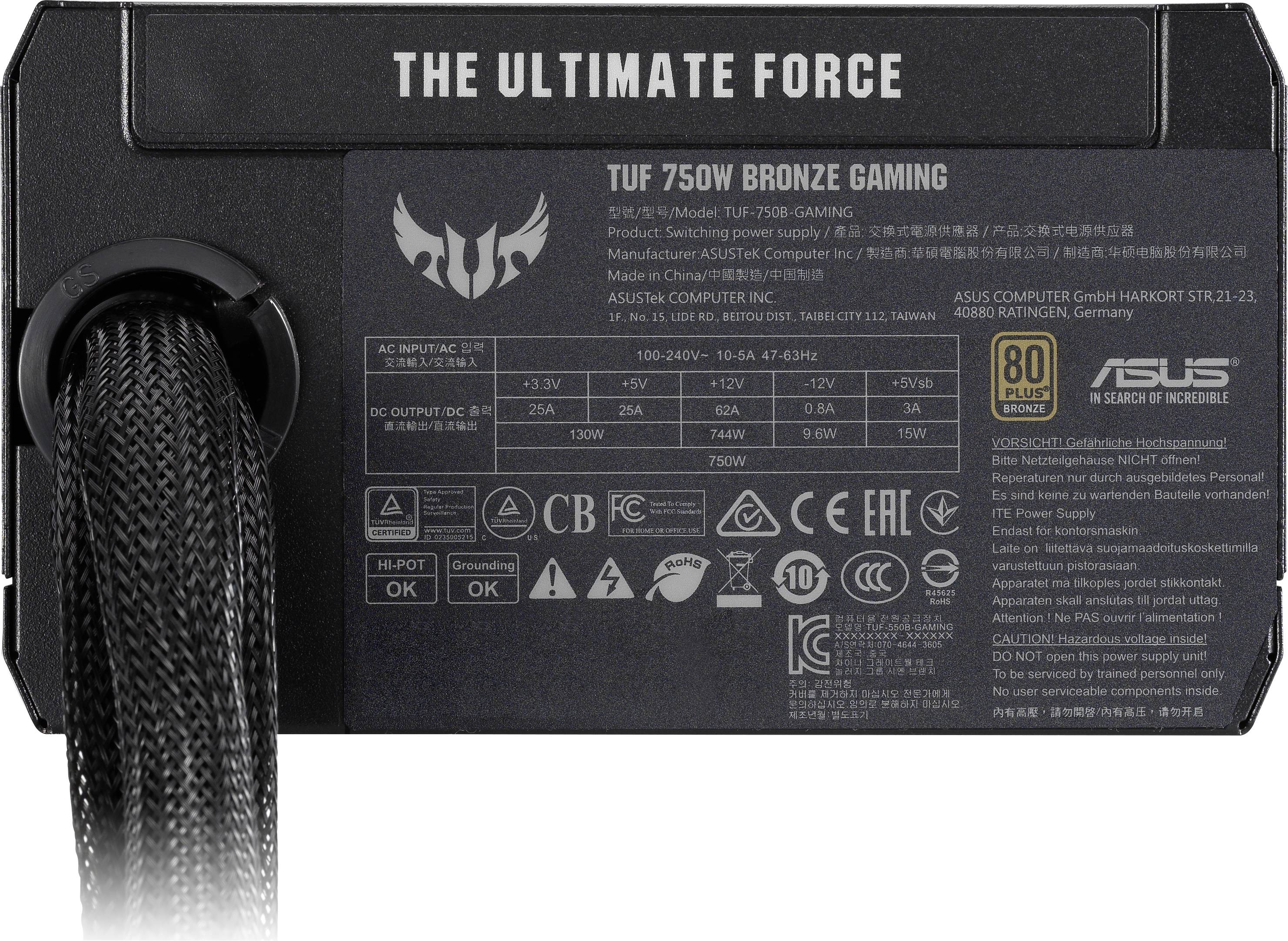 Nätaggregat för Gaming-PC, modell TUF 750W Brons Gaming. Den visar specifikationer och internationella godkännandemärken på svart hölje.