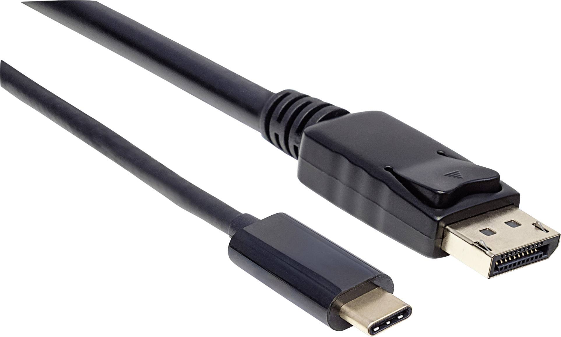 En svart kabel med en USB-C-kontakt på ena sidan och en DisplayPort-kontakt på den andra sidan.