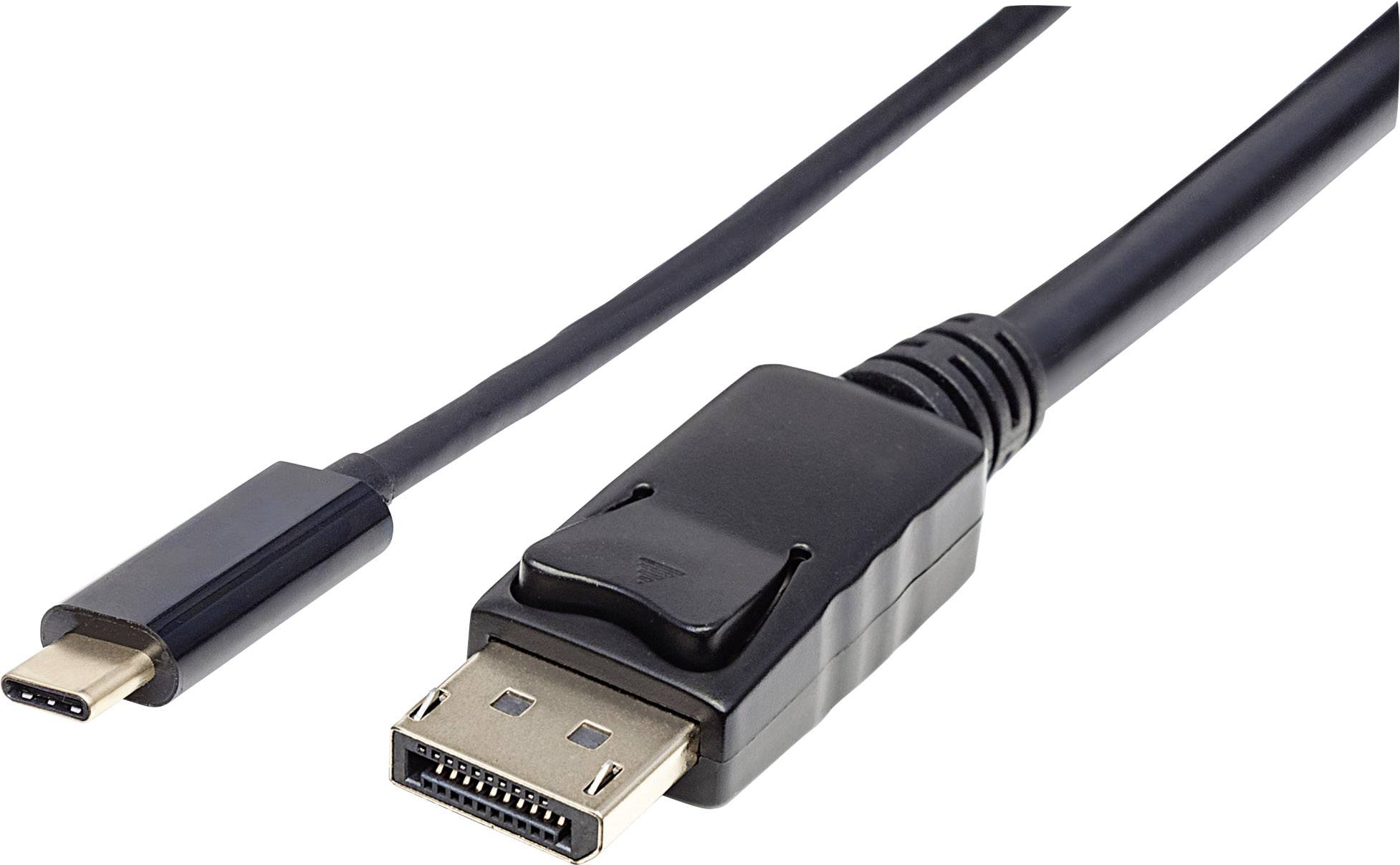 En svart kabel med USB-C-kontakt på ena sidan och DisplayPort-kontakt på den andra, lämplig för videoöverföringar.