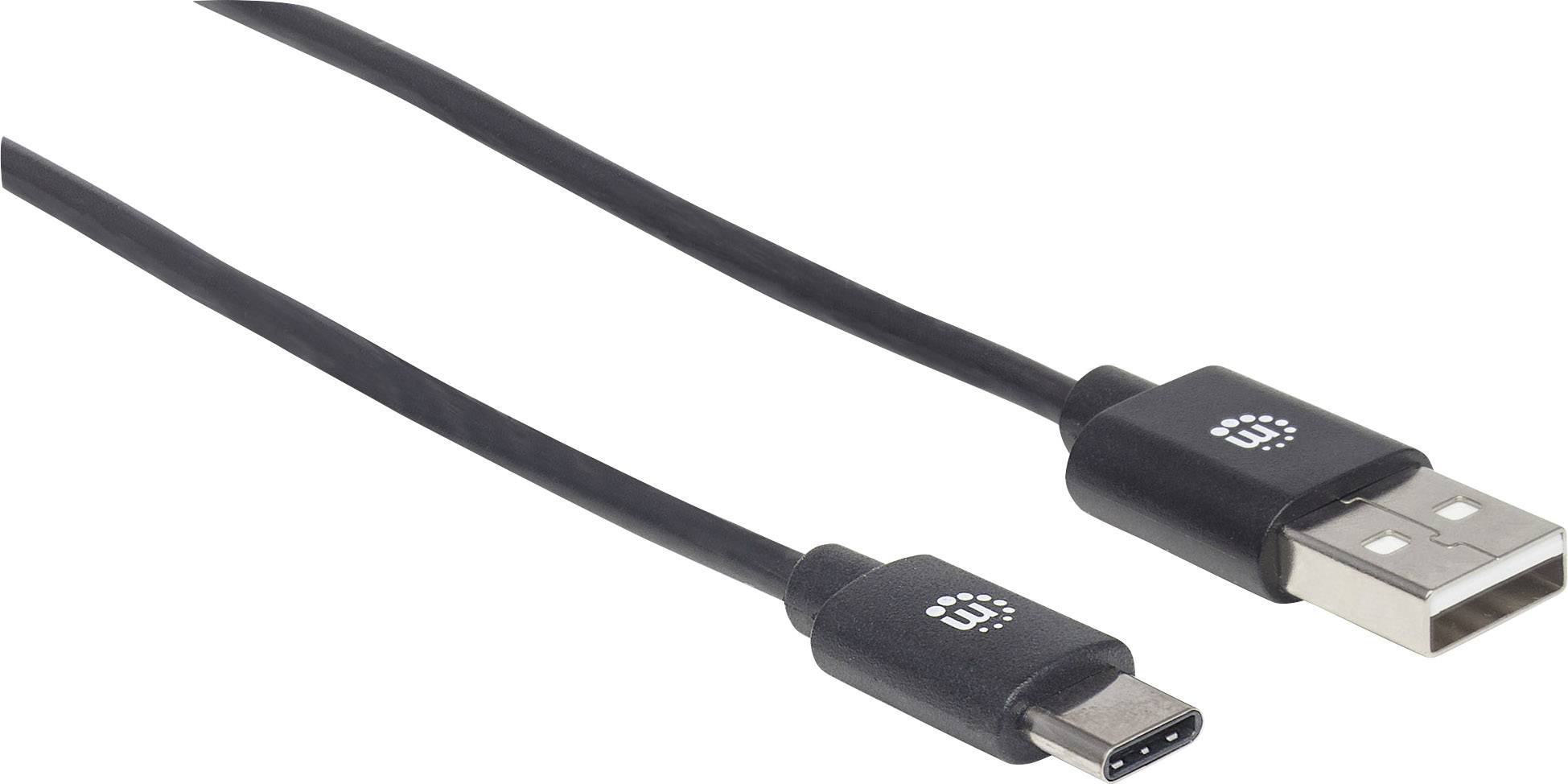 En svart kabel med en USB-C-kontakt och en USB-A-kontakt, lämplig för anslutning eller laddning av elektroniska enheter.