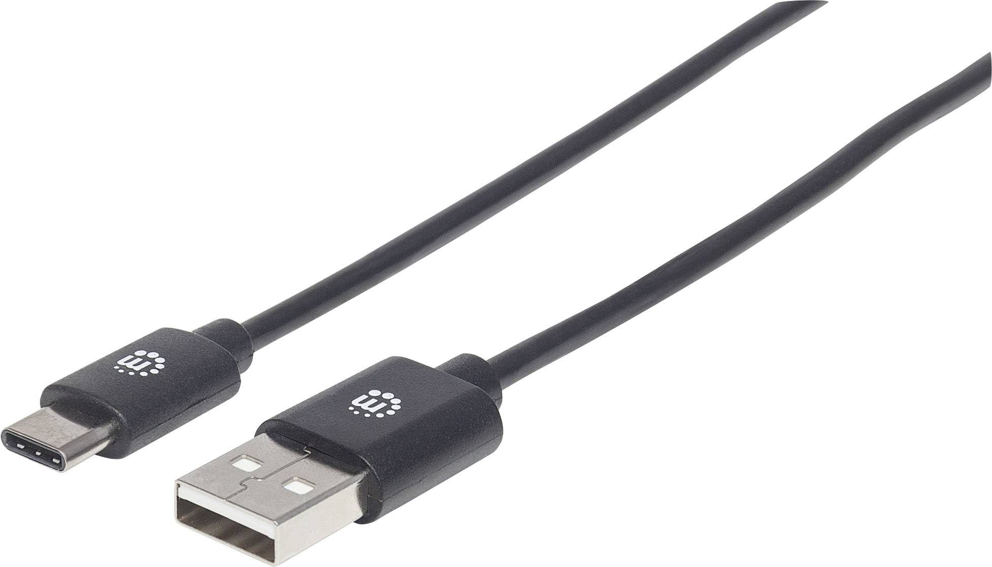Två svarta USB-kablar med en USB-C- och en USB-A-kontakt, lämpliga för att ansluta enheter för dataöverföring och laddning.