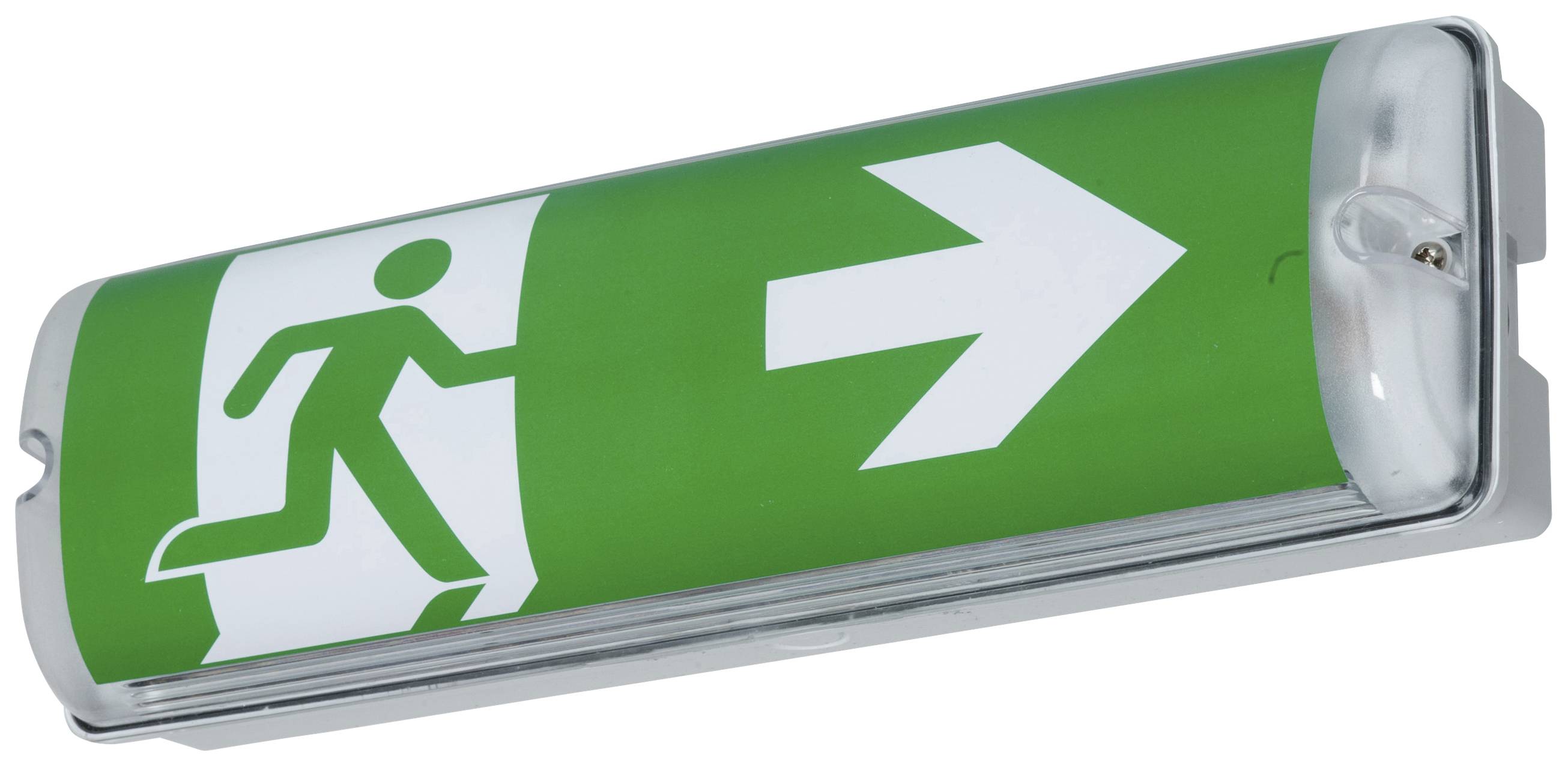 Grönt nödutgångsskyllt med en pil som pekar åt höger och ett piktogram av en löpande person som visar flyktvägen.