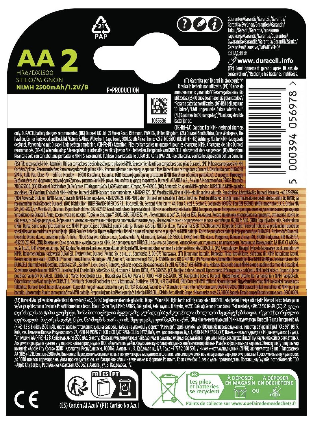 Baksidan av ett Duracell-batteripak med produktinformation, specifikationer, säkerhetsvarninar, återvinningsanvisningar och kontaktuppgifter.