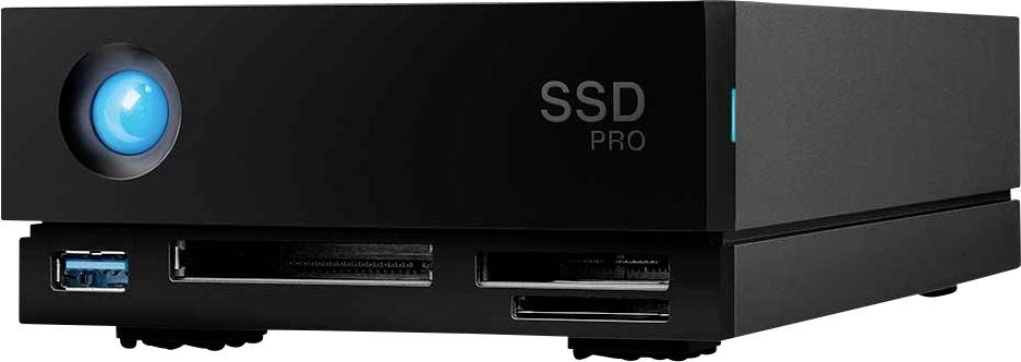Svart externt SSD-hölje med flera anslutningar, inklusive USB och kortläsare. Märkning 'SSD PRO' på sidan.