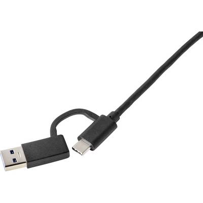 En svart kabel med en USB-A-kontakt på vänster sida och en USB-C-kontakt på höger sida, på vit bakgrund.