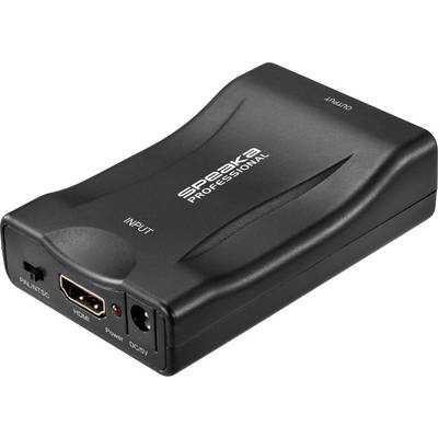 SPEAKA HDMI-konverterare, svart, med anslutningar för PAL/NTSC, HDMI, Power, DC/5V, ingång, utgång. Möbel i bakgrunden omfattas inte.