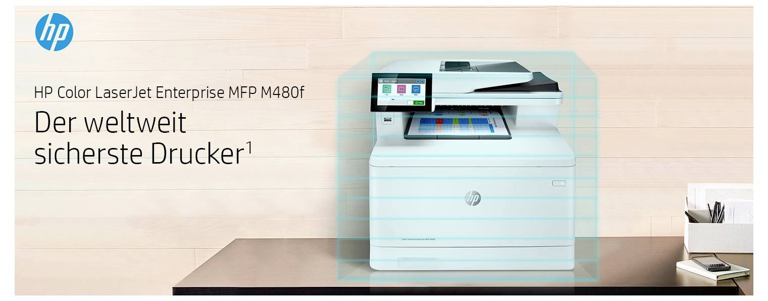 HP Color LaserJet Enterprise MFP M480f-skrivare med texten "Världens säkeraste skrivare" och HP-logotyp i en produktannons.