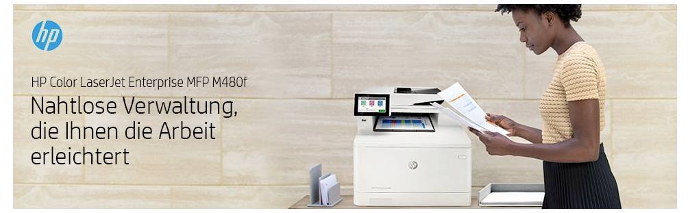 HP Color LaserJet Enterprise MFP M480f skrivare med en kvinna som granskar papper bredvid skrivaren och den svenska rubriken "Sömlös hantering som gör ditt arbete enklare"