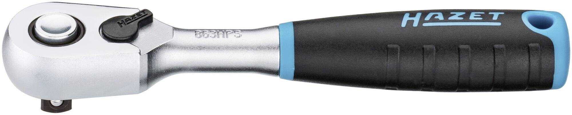 Skralle med svart handtag och blå inskription 'Hazet'. Silverfärgat metallhuvud med knapp och spak för inställning av rotationsriktning.
