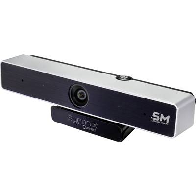 Svart och silver webbkamera med 5-megapixel digitalzoom, centralt placerat kameraobjektiv och logotypen "sygonix connect".