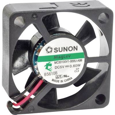 Liten svart fläkt med texten "SUNON MagLev". Modell MC30100V1-000U-A99, 5V, tillverkad i Kina.