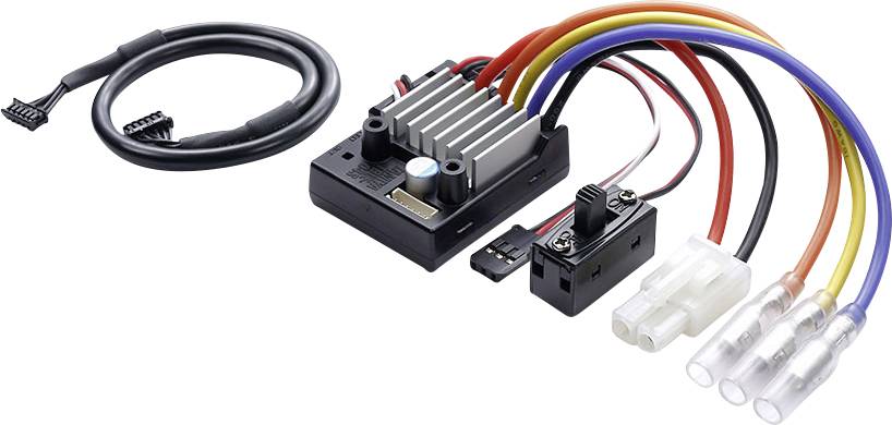 Färgade kablar och elektroniska komponenter från en motorregulator för radiostyrda fordon, med anslutningar och omkopplare.