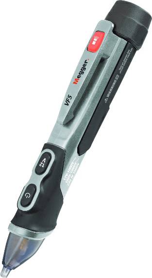 En grå-svart spänningstestare i pennform med knappar och röd LED-indikator, märkt som 'Megger', för elektrisk provning.