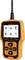 En orange OBDII-diagnosscanner med display visar menyikoner för OBDII, I/M-avläsning, recensioner och information.