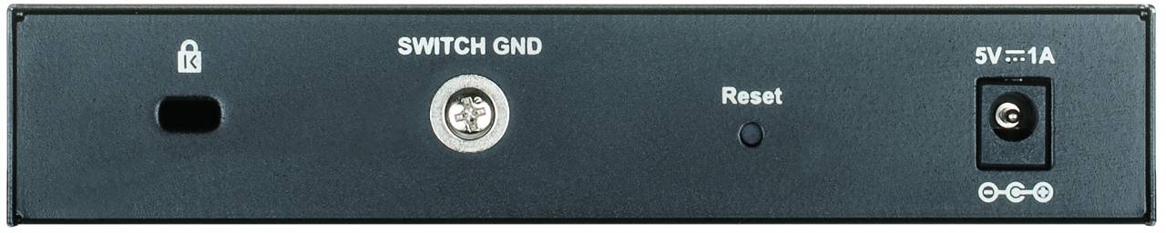 Framsidan av en elektronisk enhet med knappar och anslutningar: 'SWITCH GND', 'Återställ', 5V strömingång och en nyckelsymbol.