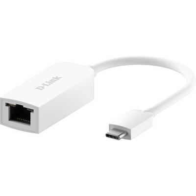 En vit USB-C-till-Ethernet-adapter från märket D-Link som skapar en anslutning mellan en USB-C-port och en Ethernet-kabel.