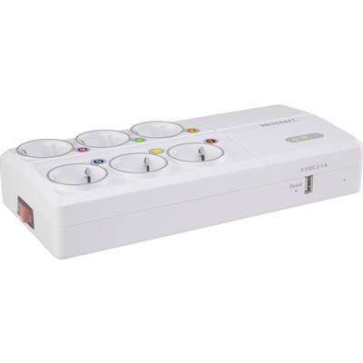 Sexfaldig grenuttag med USB-port och färgade LED-indikatorer per uttag för kontroll av strömflödet.