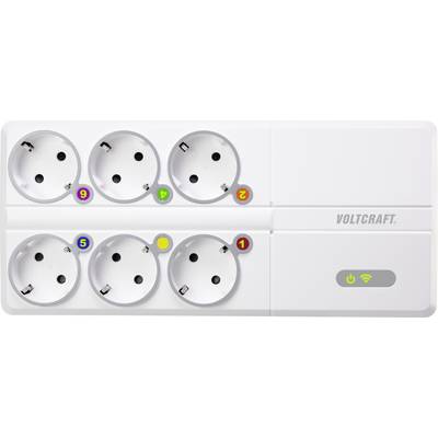 Sexdubbel grenuttag från Voltcraft med numrerade anslutningar och WLAN-symbol.