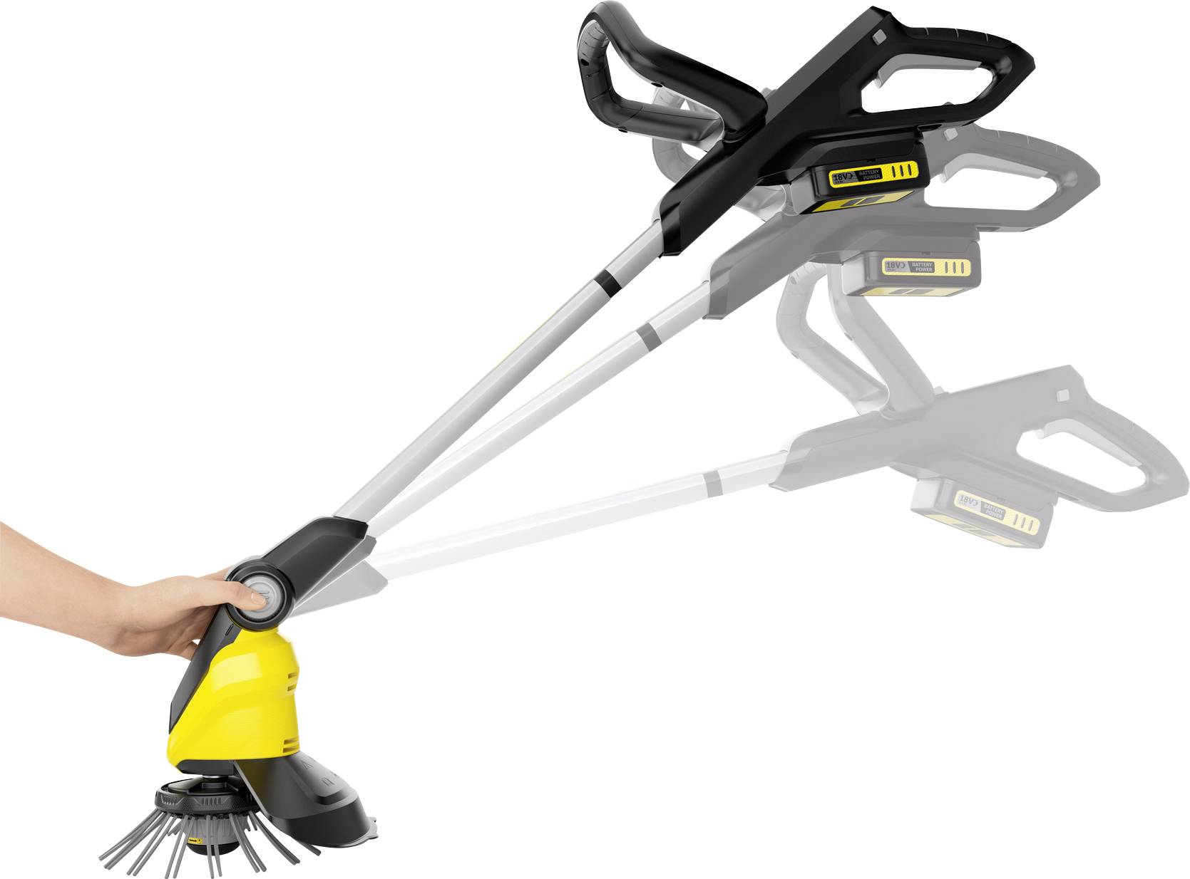 En grästrimmer med justerbart handtag och trestegs vinkeljustering, hållen i en hand, gul och svart.