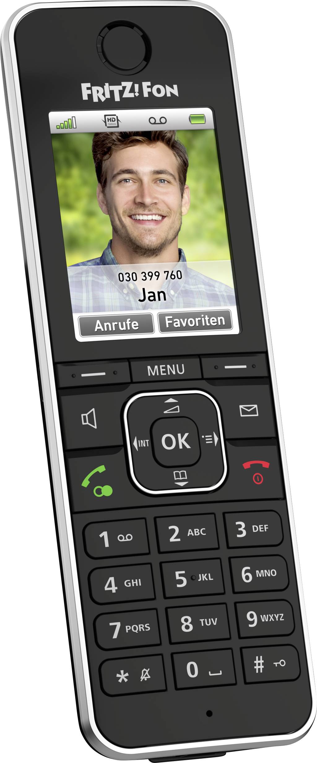 Sladdlös telefon med färgdisplay visar kontaktbild och namn 'Jan', telefonnummer samt alternativ för 'Samtal' och 'Favoriter'.