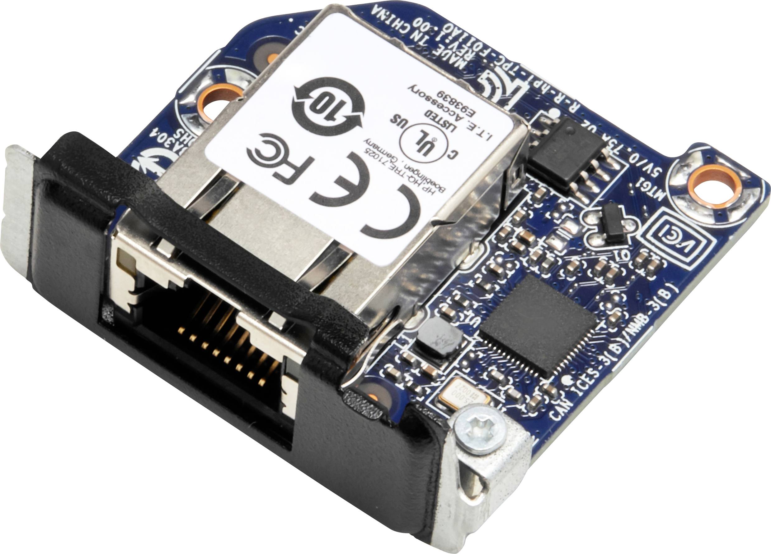 Ett litet elektroniskt nätverkskort med Ethernet-anslutning. Det används för att ansluta enheter i ett nätverk.