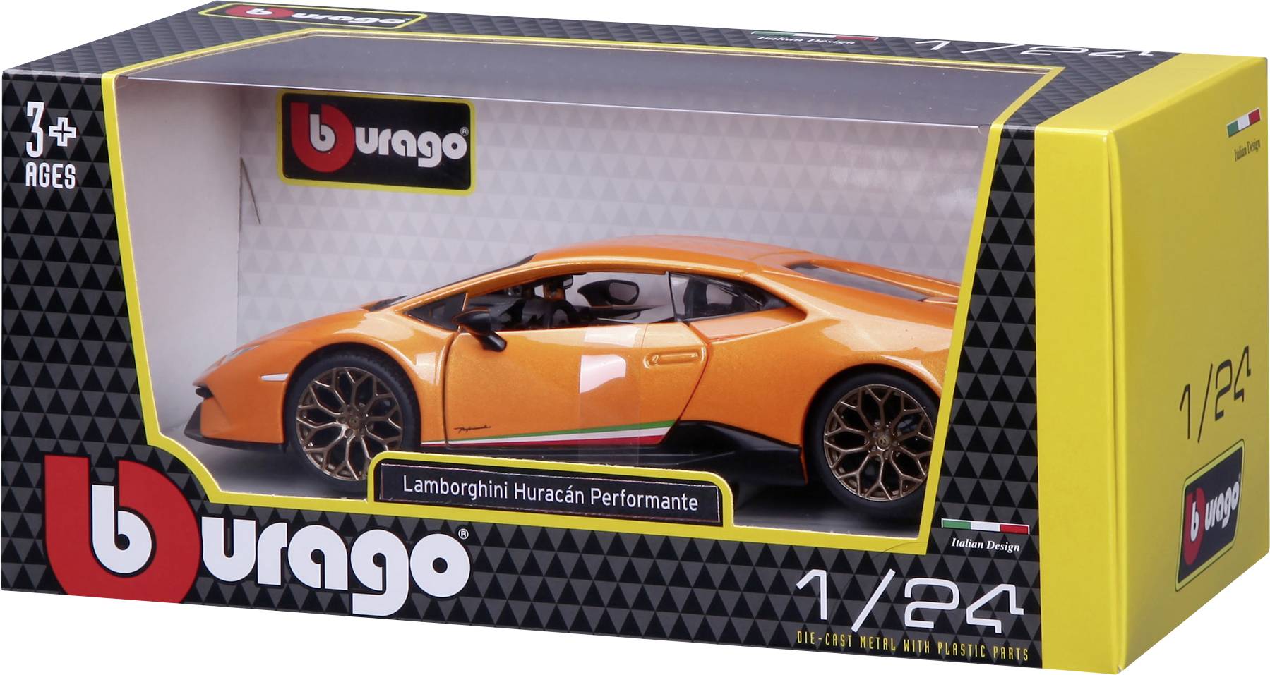 En orangefärgad modellbil av Lamborghini Huracán Performante i en förpackning från Bburago, skala 1:24. Lämplig från 3 år.