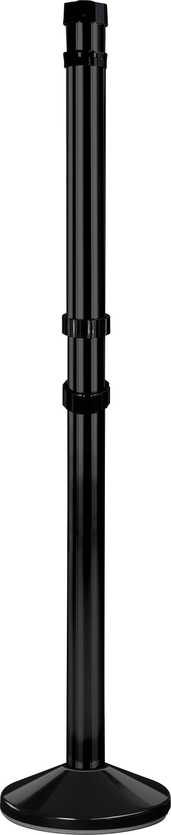 Ett svart, justerbart metallstativ med rund bas, lämpligt för mikrofoner eller annan utrustning.