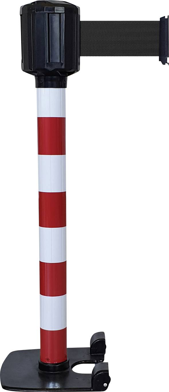 En röd-vit randig avspärrningsstolpe med ett utdragbart svart band. Den används för att avgränsa områden eller styra människors rörelser.