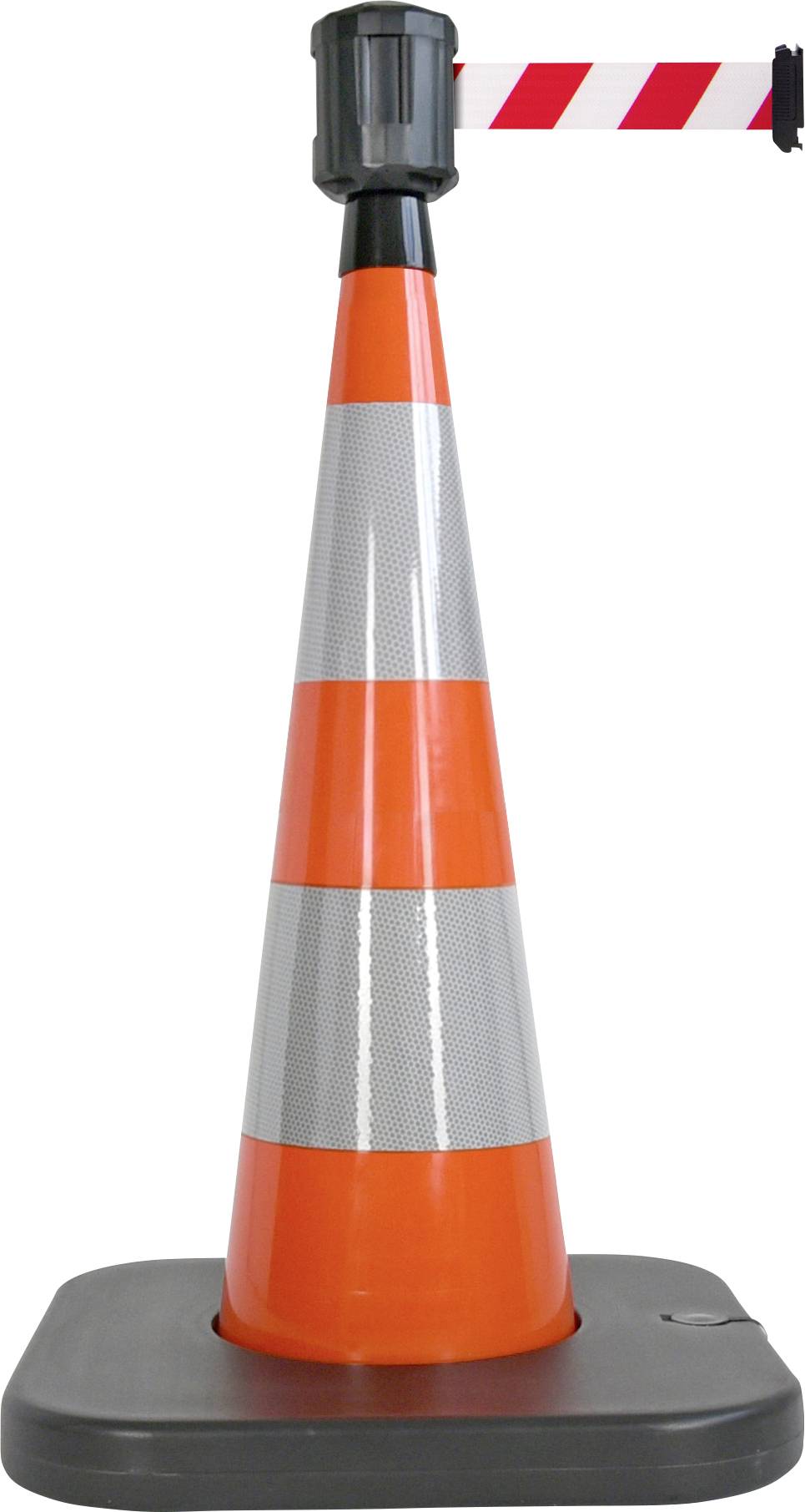 En orange-vit randig trafikcylinder med ett rött avspärrningsband fäst överst, placerad på en svart sockel.