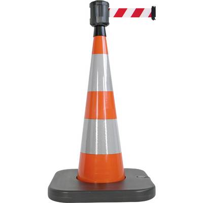 En orange-vit trafikvarningsskylt med röd-vit avspärrningsbandhållare.