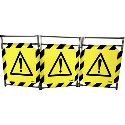 Tre gula varningsskyltar med svarta ränder och utropstecken varnar för en fara eller signalerar en varning.