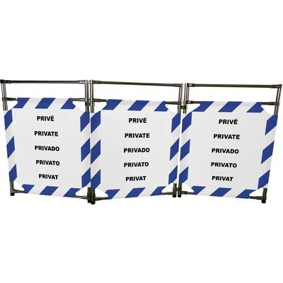 Vitt skydd med blå ränder och upprepade texter 'PRIVÉ', 'PRIVATE', 'PRIVADO', 'PRIVATO', 'PRIVAT'. Indikator för ett privat område.