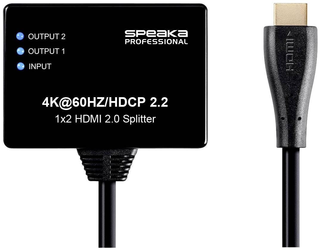 '1x2 HDMI 2.0 Splitter', visar en ingångs- och två utgångsanslutningar, stöder 4K@60Hz/HDCP 2.2, lämplig för professionella tillämpningar.