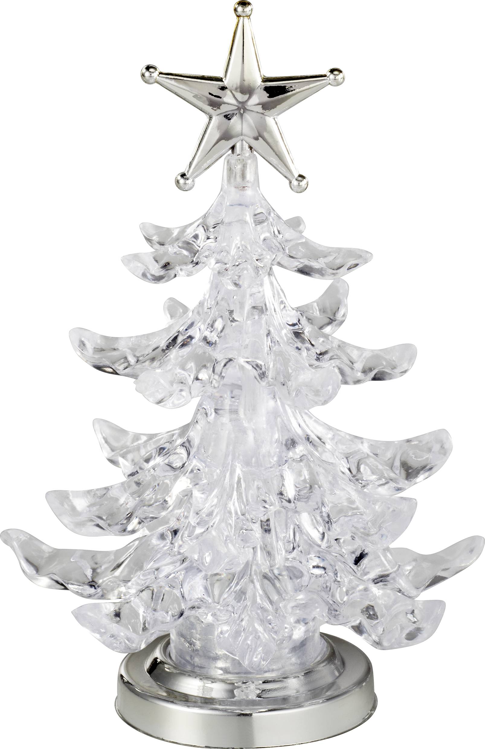 En liten, genomskinlig julgran av glas med en silvrig stjärna i toppen står på en rund bas.
