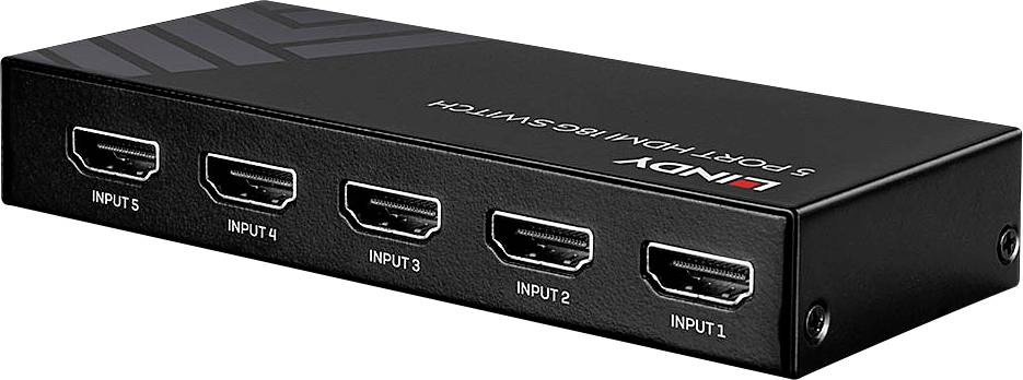 HDMI-switch med fem ingångar på svart hölje. Ansluter flera HDMI-enheter till en skärm.